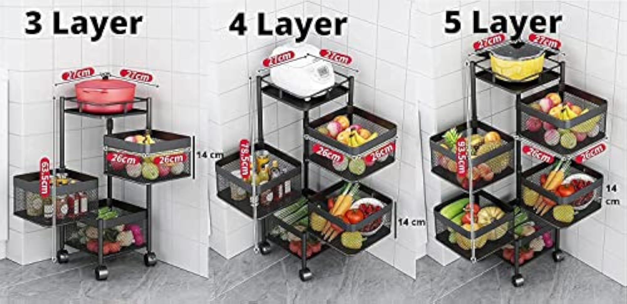 3 Layer Kitchen Rotating Trolley, Portable Storage Rack